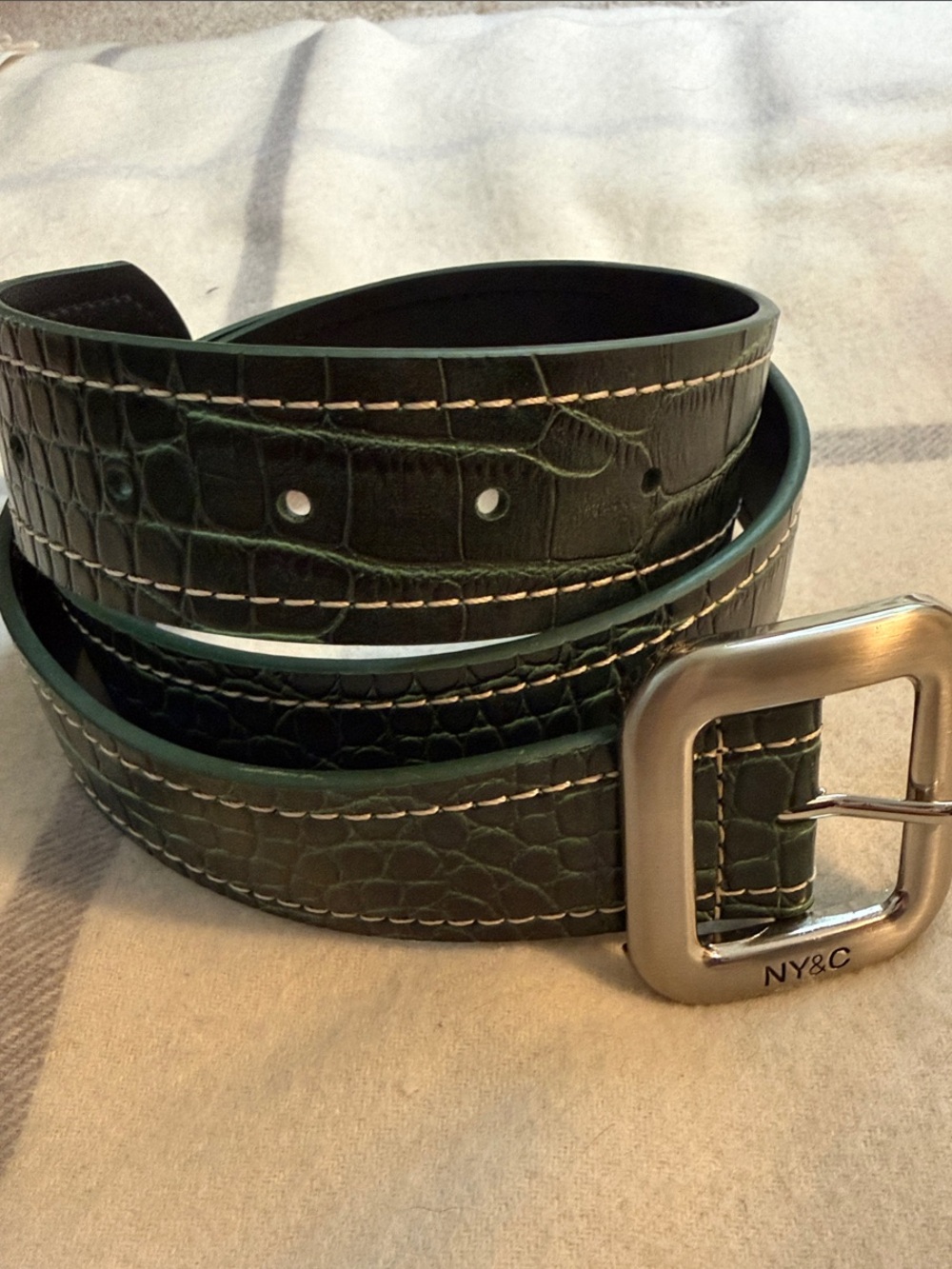 New York & Company Dark Green Croc-Embossed Belt with Silver Buckle